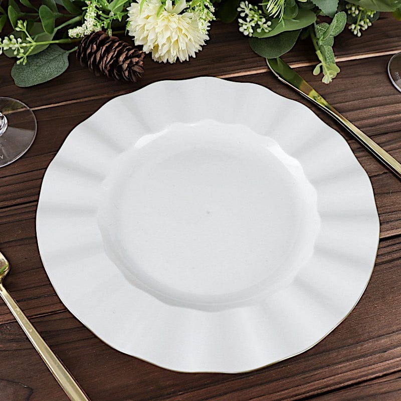 10 White Round Plastic Salad Dinner Plates with Gold Wavy Rim - Disposable Tableware
