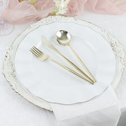 10 White Round Plastic Salad Dinner Plates with Gold Wavy Rim - Disposable Tableware