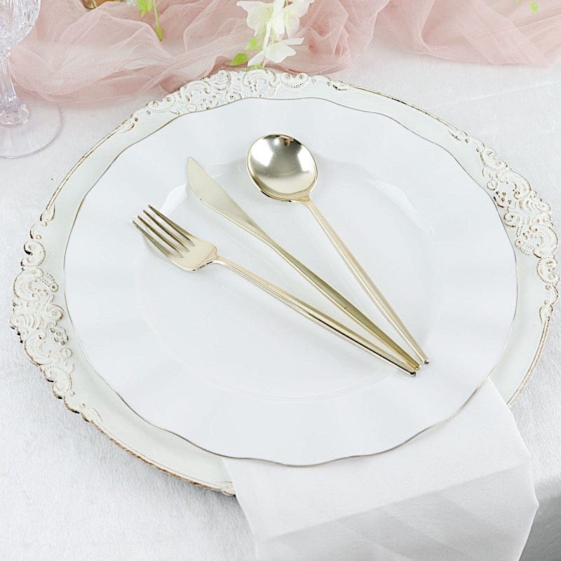 10 White Round Plastic Salad Dinner Plates with Gold Wavy Rim - Disposable Tableware