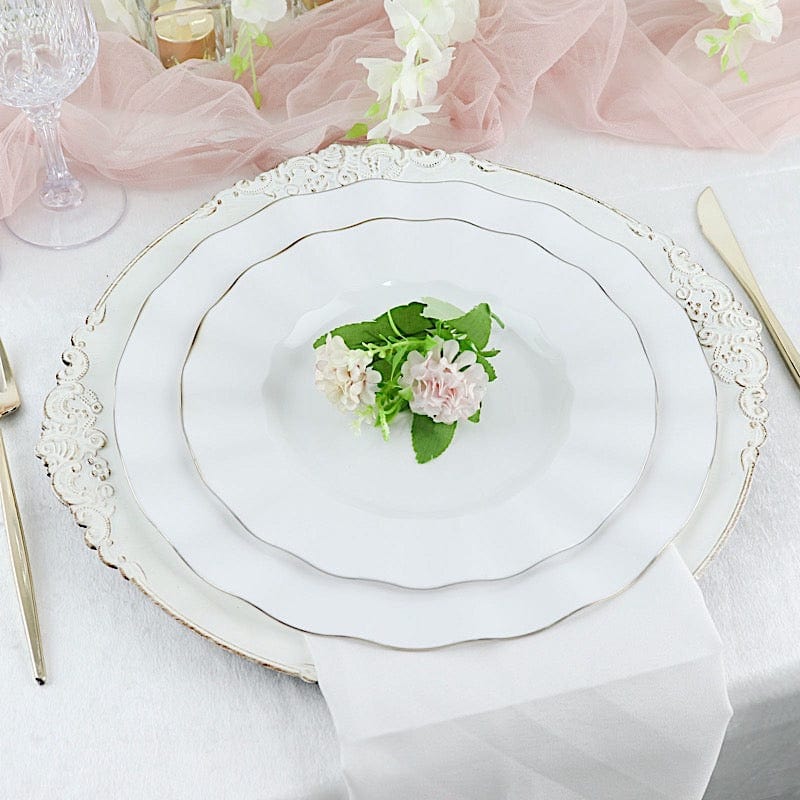 10 White Round Plastic Salad Dinner Plates with Gold Wavy Rim - Disposable Tableware