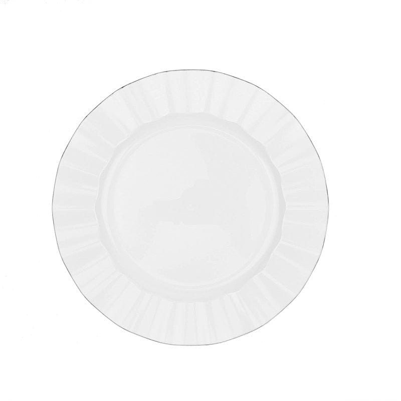 10 White Round Plastic Salad Dinner Plates with Gold Wavy Rim - Disposable Tableware