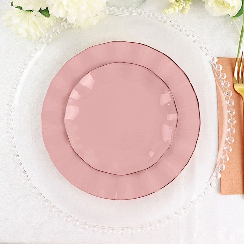 10 White Round Plastic Salad Dinner Plates with Gold Wavy Rim - Disposable Tableware