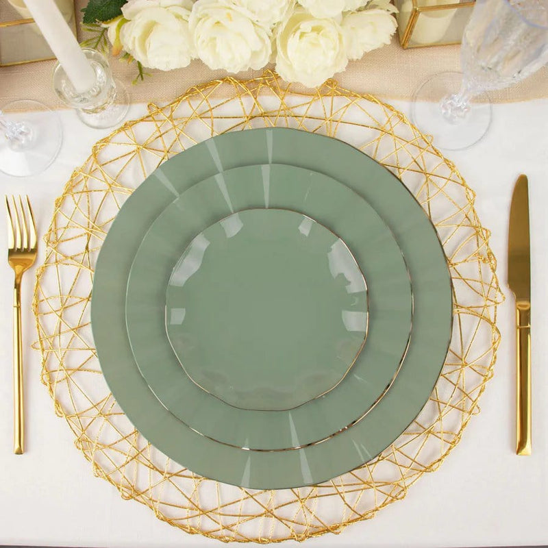 10 White Round Plastic Salad Dinner Plates with Gold Wavy Rim - Disposable Tableware