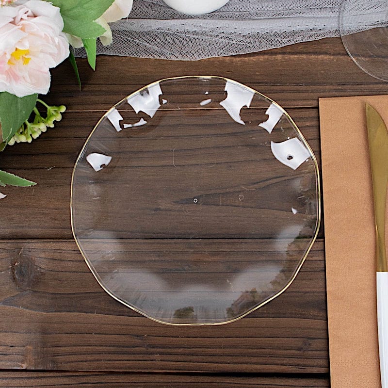 10 White Round Plastic Salad Dinner Plates with Gold Wavy Rim - Disposable Tableware