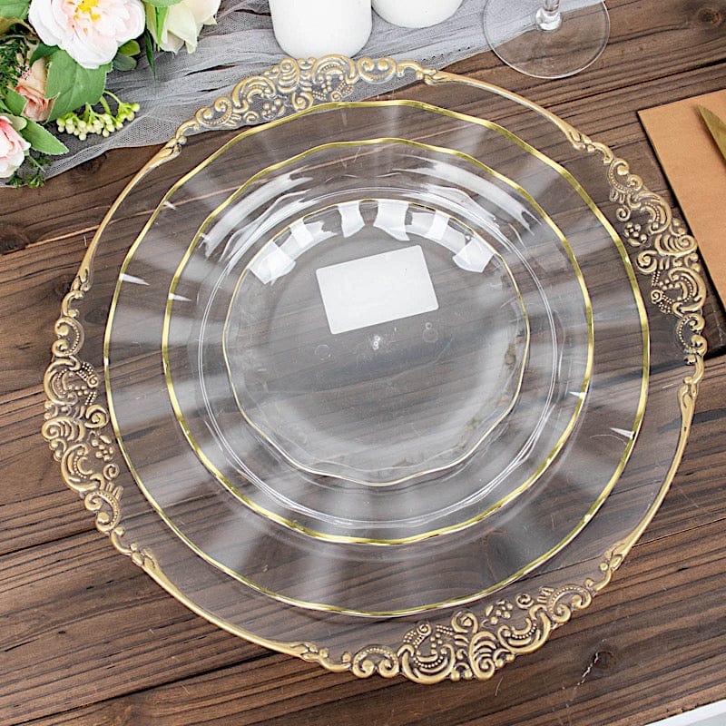 10 White Round Plastic Salad Dinner Plates with Gold Wavy Rim - Disposable Tableware