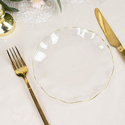 10 White Round Plastic Salad Dinner Plates with Gold Wavy Rim - Disposable Tableware