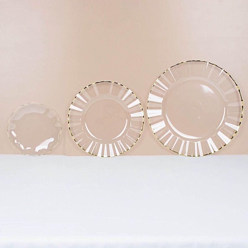 10 White Round Plastic Salad Dinner Plates with Gold Wavy Rim - Disposable Tableware