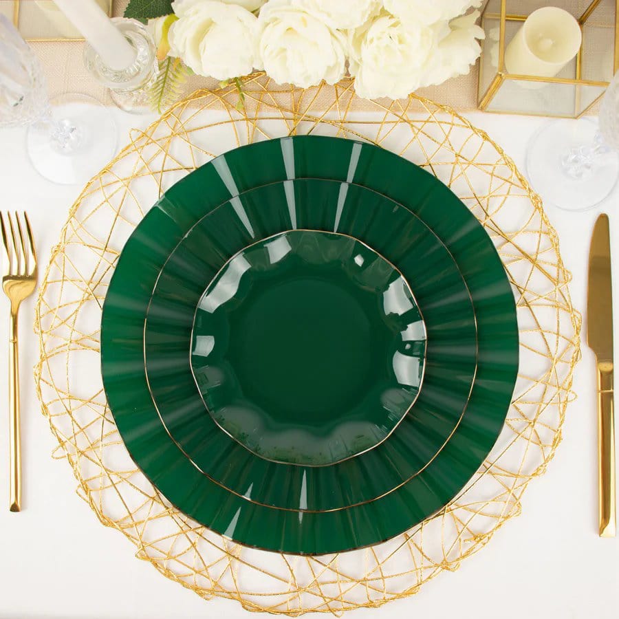 10 White Round Plastic Salad Dinner Plates with Gold Wavy Rim - Disposable Tableware