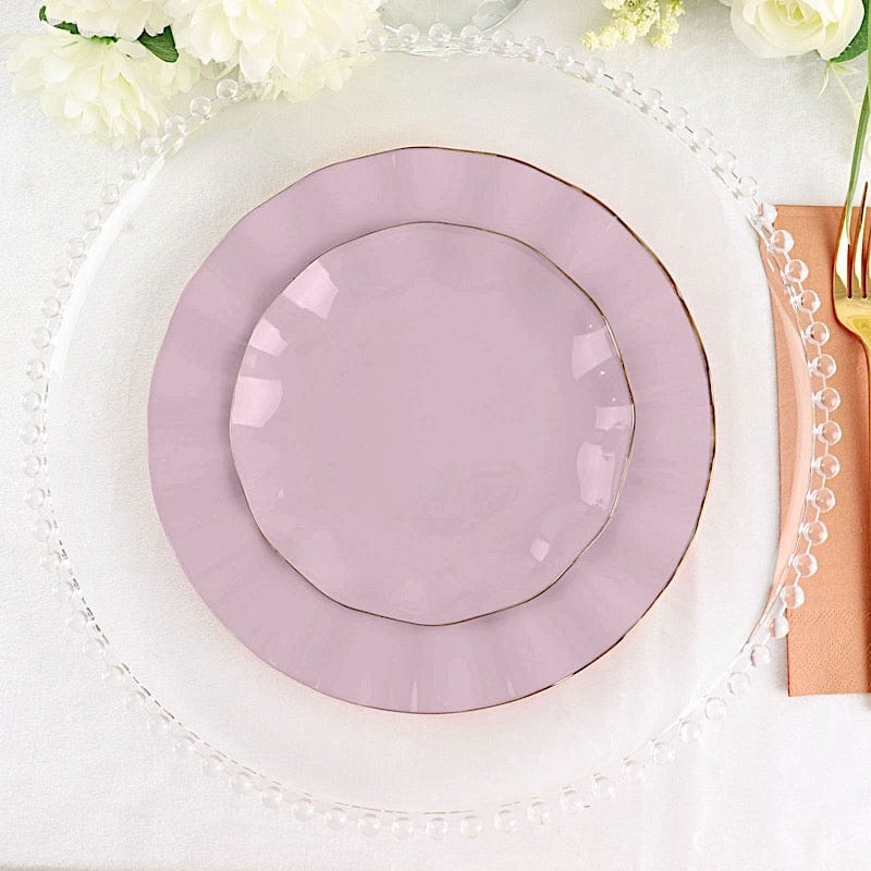 10 White Round Plastic Salad Dinner Plates with Gold Wavy Rim - Disposable Tableware
