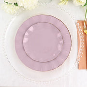 10 White Round Plastic Salad Dinner Plates with Gold Wavy Rim - Disposable Tableware