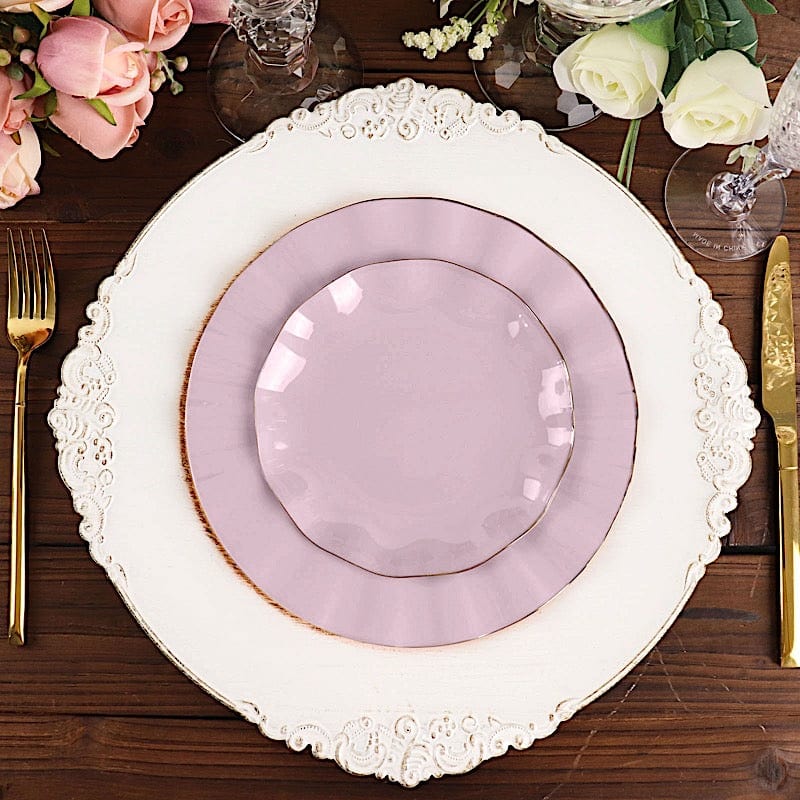 10 White Round Plastic Salad Dinner Plates with Gold Wavy Rim - Disposable Tableware