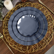 10 White Round Plastic Salad Dinner Plates with Gold Wavy Rim - Disposable Tableware