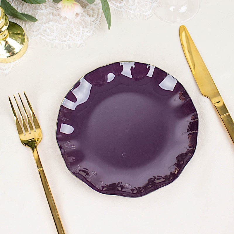 10 White Round Plastic Salad Dinner Plates with Gold Wavy Rim - Disposable Tableware