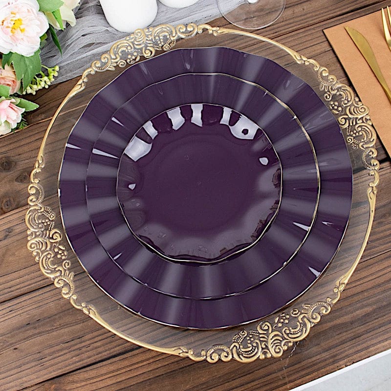 10 White Round Plastic Salad Dinner Plates with Gold Wavy Rim - Disposable Tableware