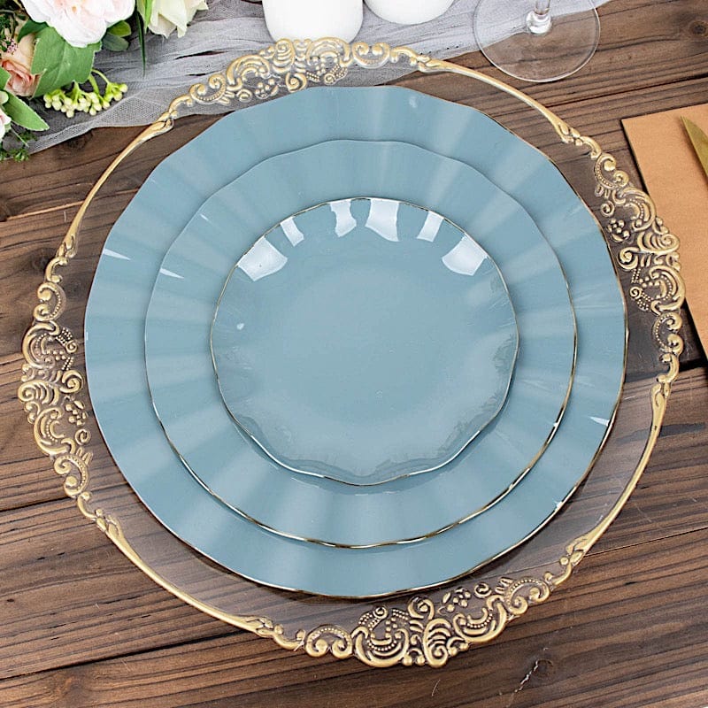 10 White Round Plastic Salad Dinner Plates with Gold Wavy Rim - Disposable Tableware