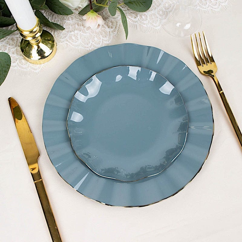 10 White Round Plastic Salad Dinner Plates with Gold Wavy Rim - Disposable Tableware