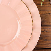 10 White Round Plastic Salad Dinner Plates with Gold Wavy Rim - Disposable Tableware