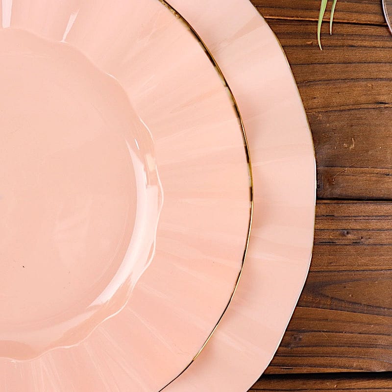 10 White Round Plastic Salad Dinner Plates with Gold Wavy Rim - Disposable Tableware