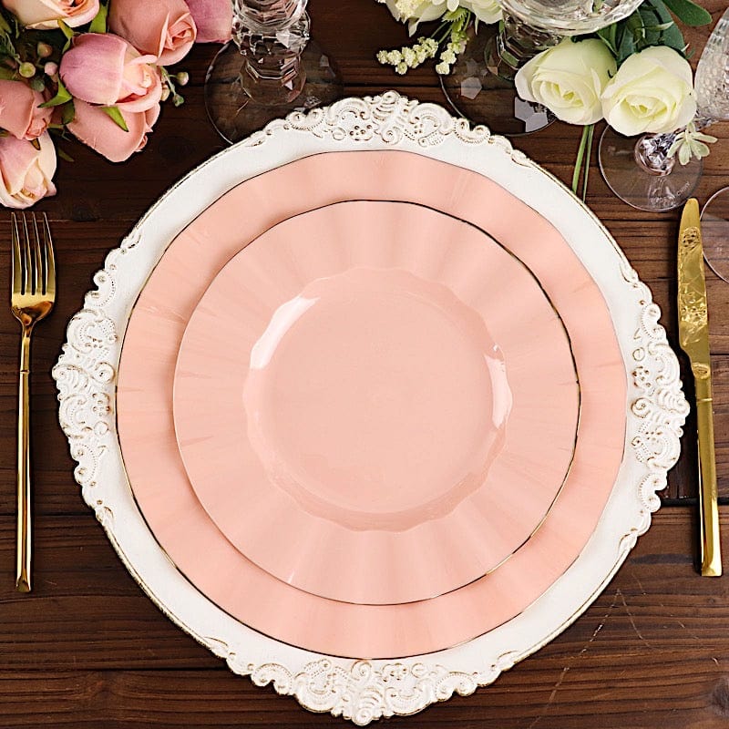10 Round Plastic Salad Dinner Plates with Gold Wavy Rim - Disposable Tableware