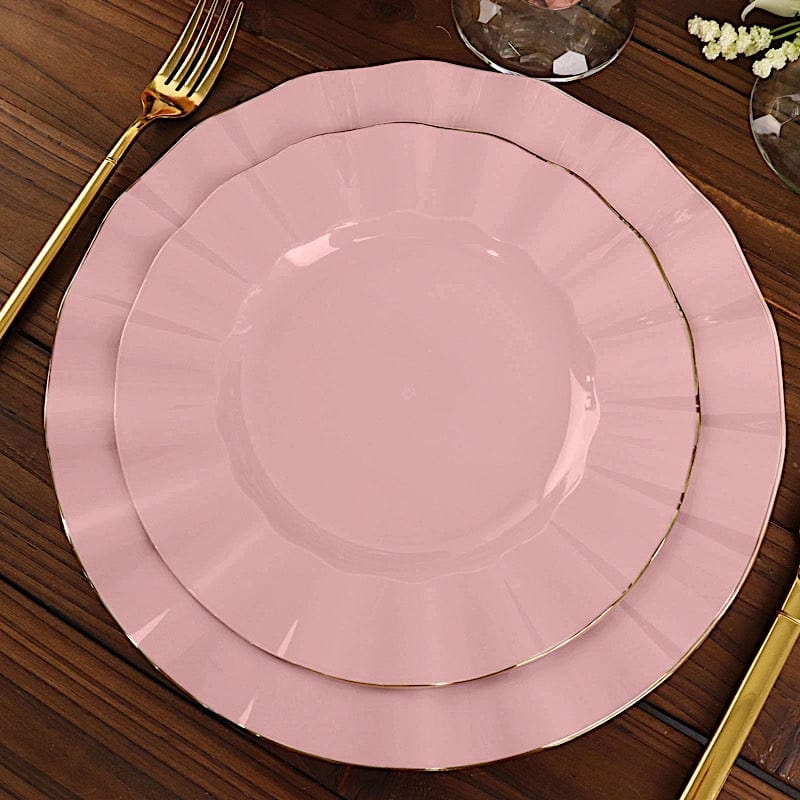 10 White Round Plastic Salad Dinner Plates with Gold Wavy Rim - Disposable Tableware