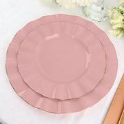 10 White Round Plastic Salad Dinner Plates with Gold Wavy Rim - Disposable Tableware