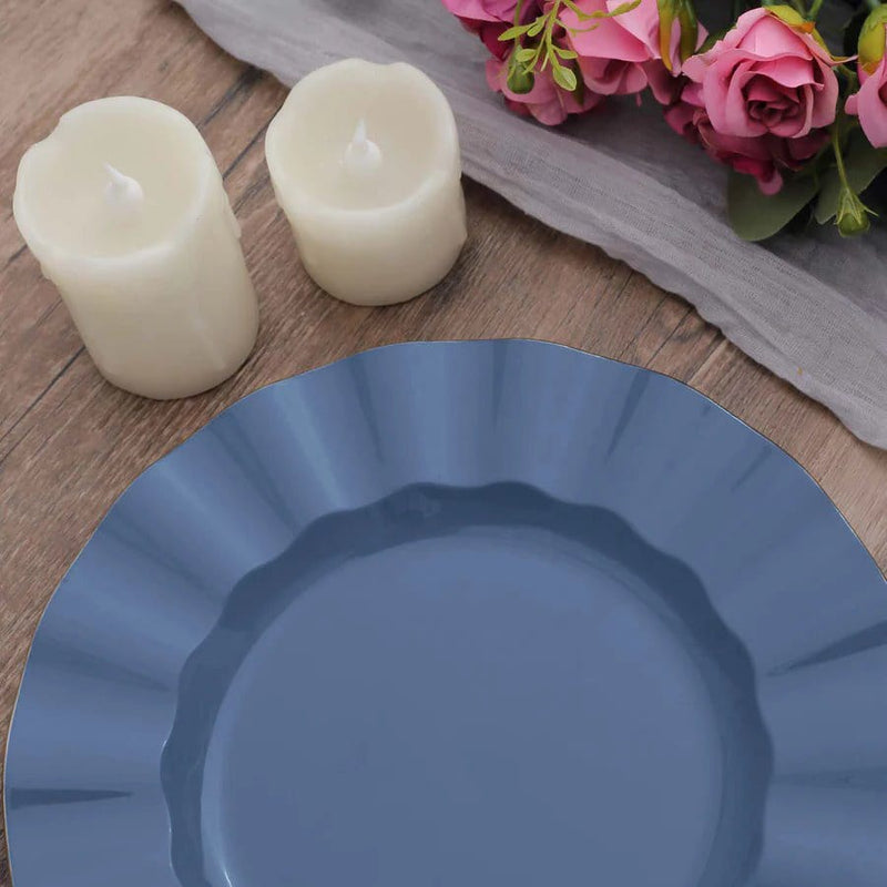 10 White Round Plastic Salad Dinner Plates with Gold Wavy Rim - Disposable Tableware