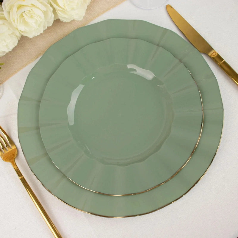 10 White Round Plastic Salad Dinner Plates with Gold Wavy Rim - Disposable Tableware