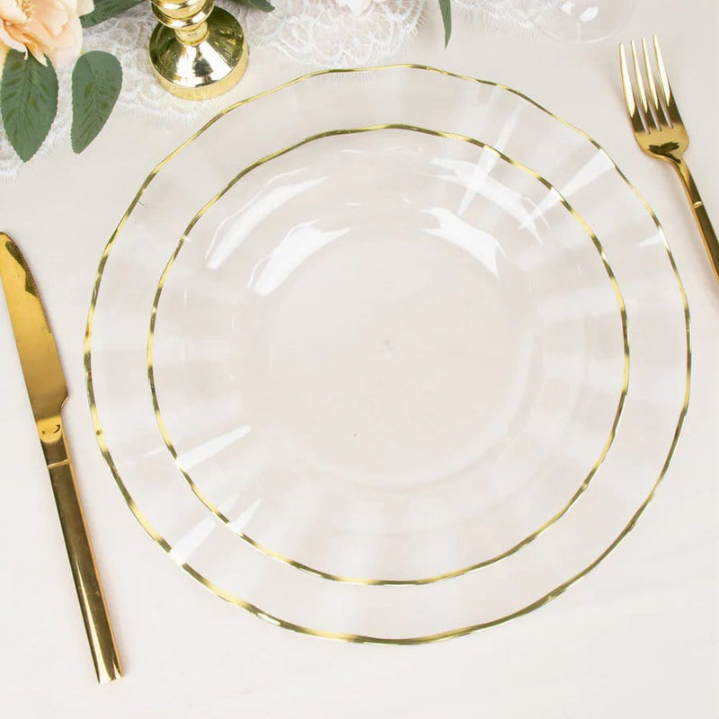 10 White Round Plastic Salad Dinner Plates with Gold Wavy Rim - Disposable Tableware