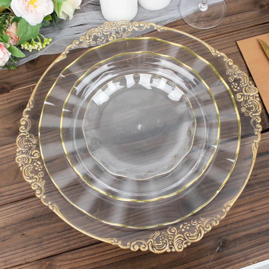 10 White Round Plastic Salad Dinner Plates with Gold Wavy Rim - Disposable Tableware