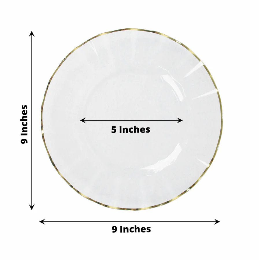 10 White Round Plastic Salad Dinner Plates with Gold Wavy Rim - Disposable Tableware