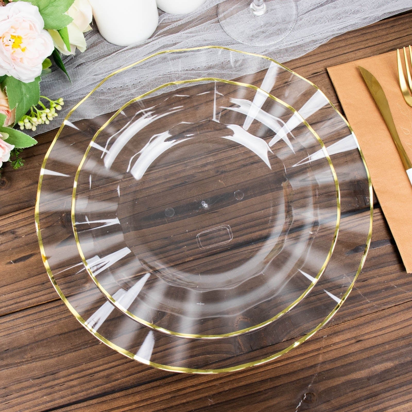 10 White Round Plastic Salad Dinner Plates with Gold Wavy Rim - Disposable Tableware