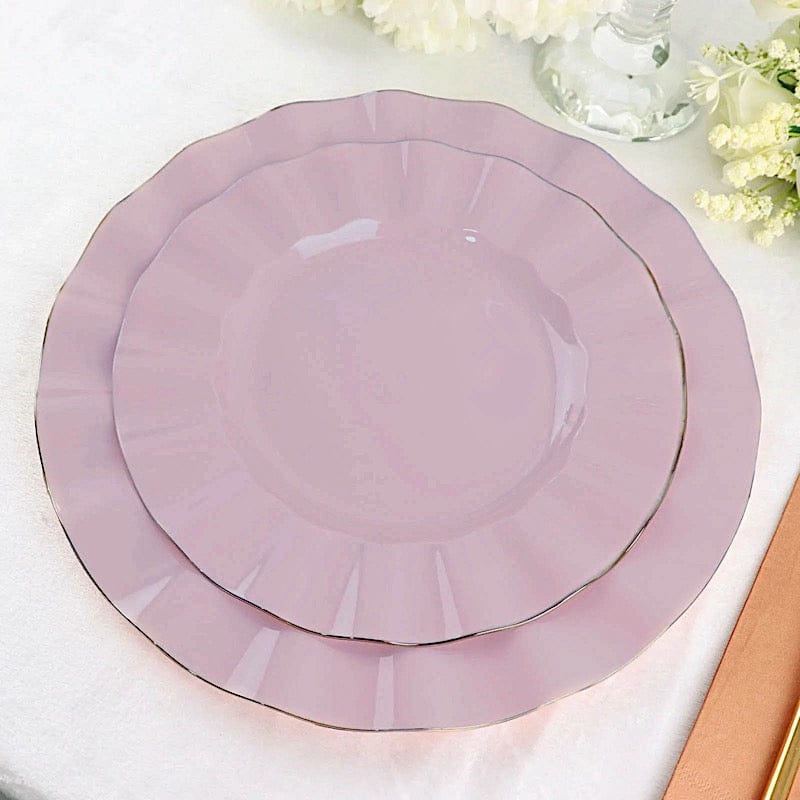 10 White Round Plastic Salad Dinner Plates with Gold Wavy Rim - Disposable Tableware