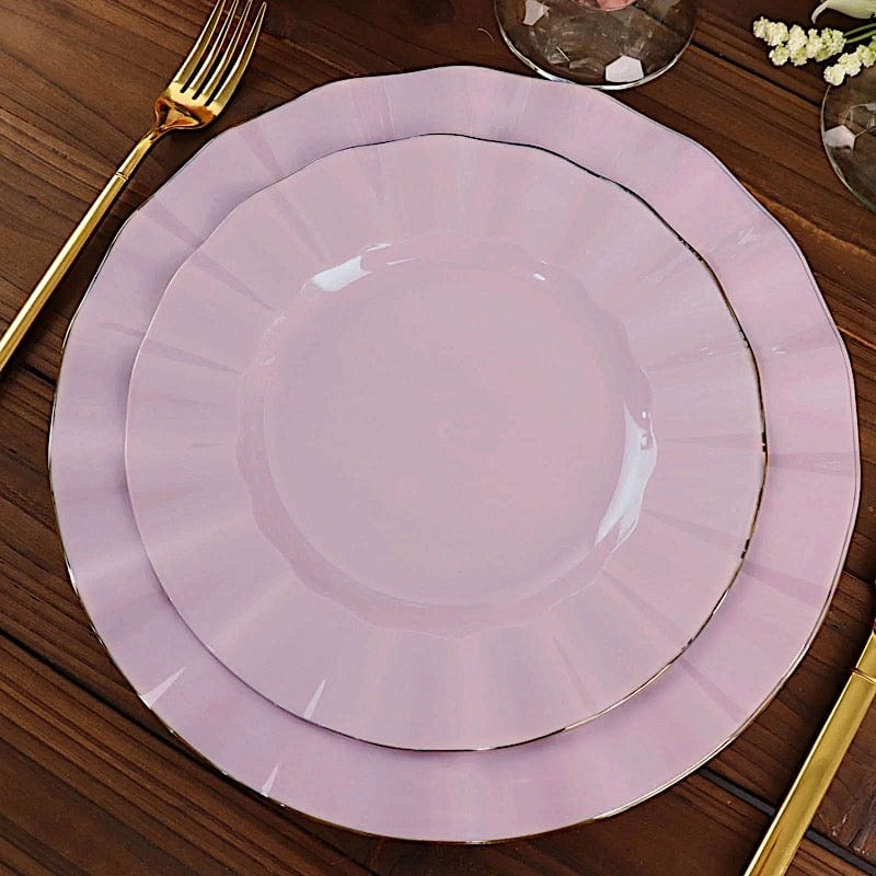 10 White Round Plastic Salad Dinner Plates with Gold Wavy Rim - Disposable Tableware