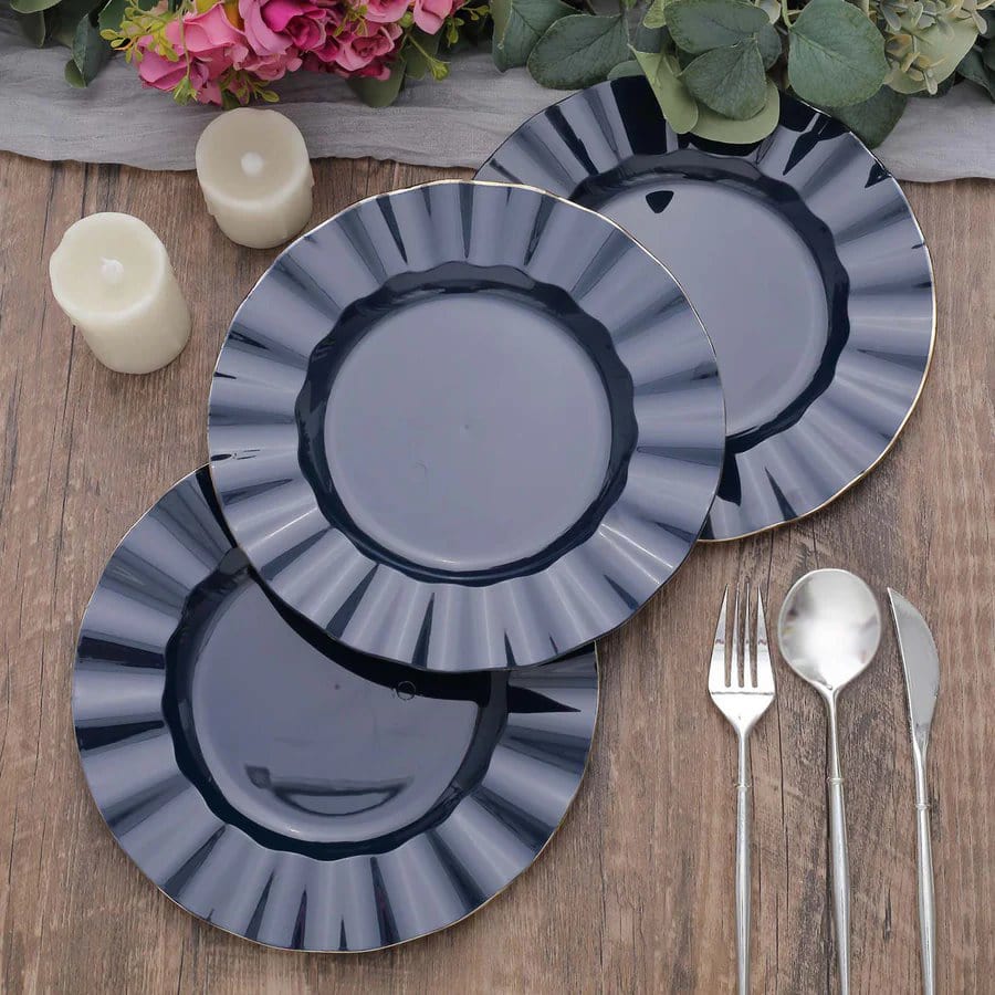 10 White Round Plastic Salad Dinner Plates with Gold Wavy Rim - Disposable Tableware