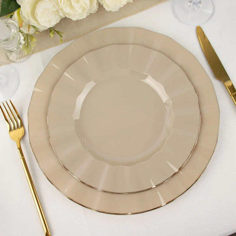10 White Round Plastic Salad Dinner Plates with Gold Wavy Rim - Disposable Tableware