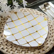 10 White Square Plates with Gold Geometric Design - Disposable Tableware
