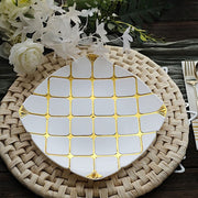 10 White Square Plates with Gold Geometric Design - Disposable Tableware
