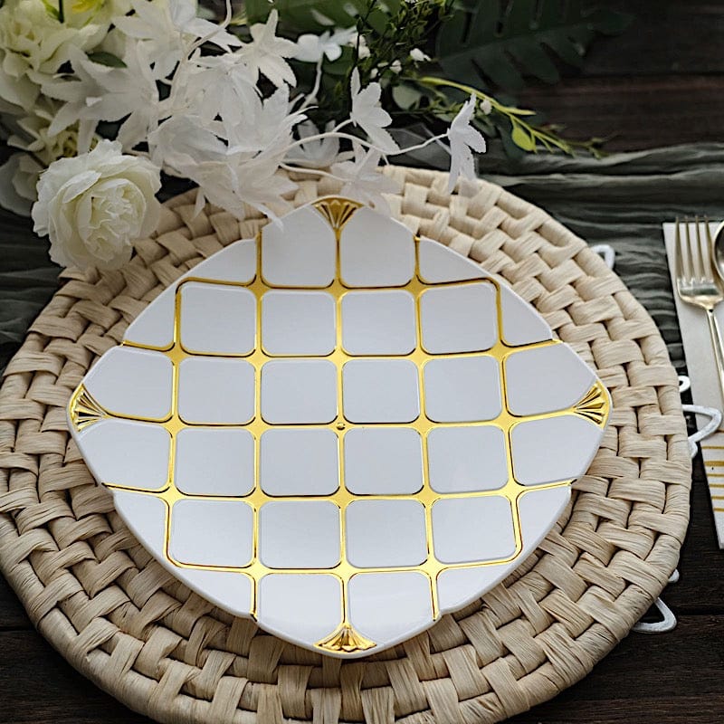 10 White Square Plates with Gold Geometric Design - Disposable Tableware