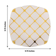 10 White Square Plates with Gold Geometric Design - Disposable Tableware
