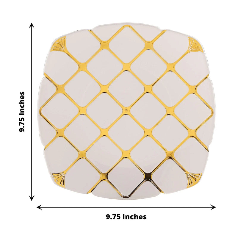 10 White Square Plates with Gold Geometric Design - Disposable Tableware
