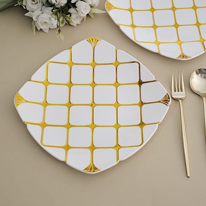 10 White Square Plates with Gold Geometric Design - Disposable Tableware