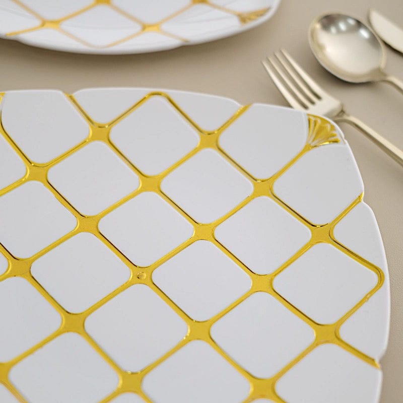 10 White Square Plates with Gold Geometric Design - Disposable Tableware