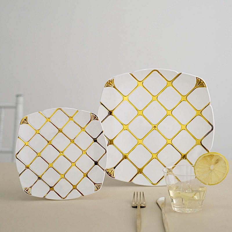 10 White Square Plates with Gold Geometric Design - Disposable Tableware