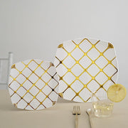 10 White Square Plates with Gold Geometric Design - Disposable Tableware
