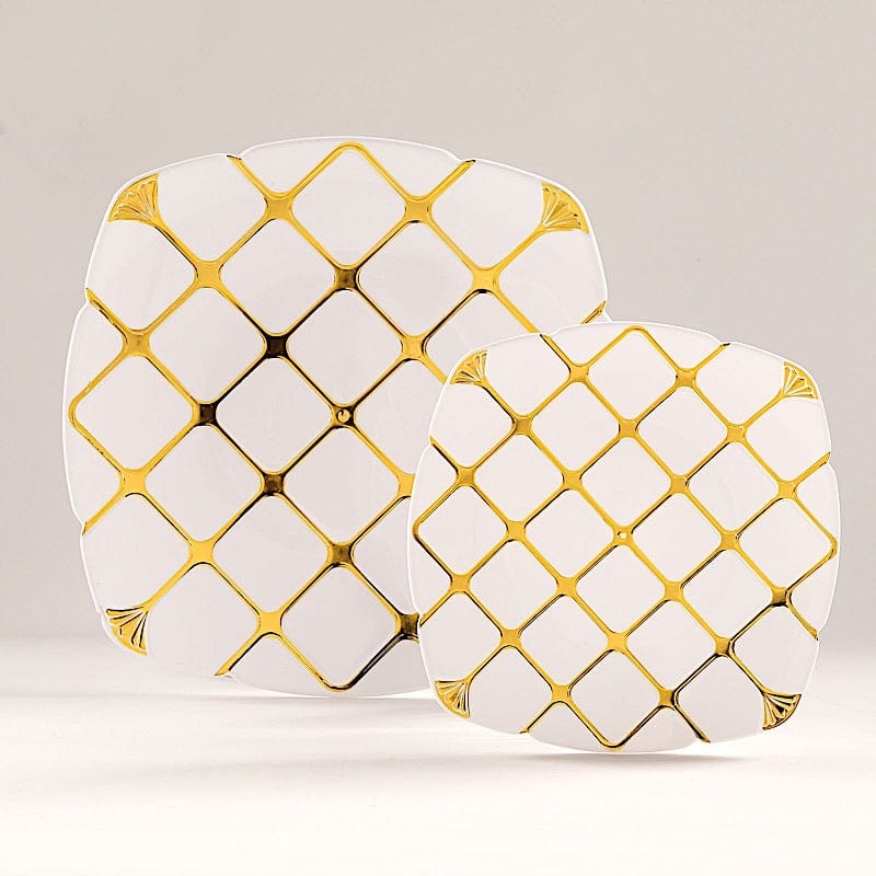 10 White Square Plates with Gold Geometric Design - Disposable Tableware