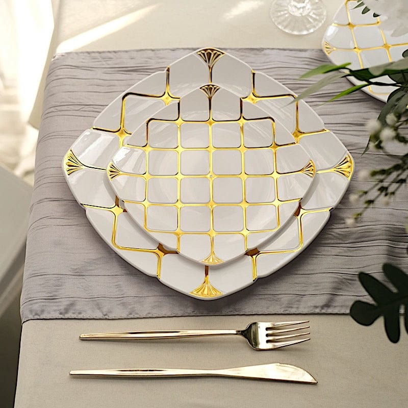 10 White Square Plates with Gold Geometric Design - Disposable Tableware
