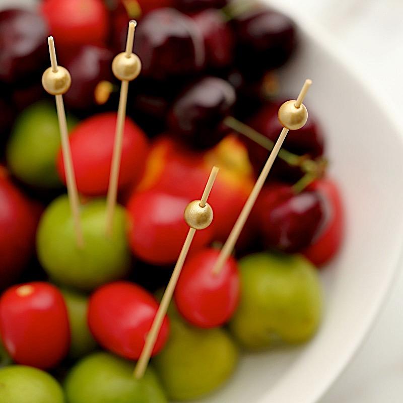 100 pcs 4.5" Natural Bamboo Sustainable Skewers Picks with Gold Pearls - Light Brown DSP_BIRC_P001_GOLD