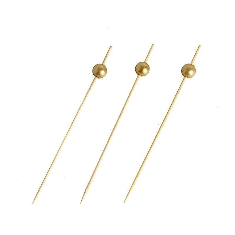100 pcs 4.5" Natural Bamboo Sustainable Skewers Picks with Gold Pearls - Light Brown DSP_BIRC_P001_GOLD