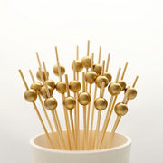 100 pcs 4.5" Natural Bamboo Sustainable Skewers Picks with Gold Pearls - Light Brown DSP_BIRC_P001_GOLD