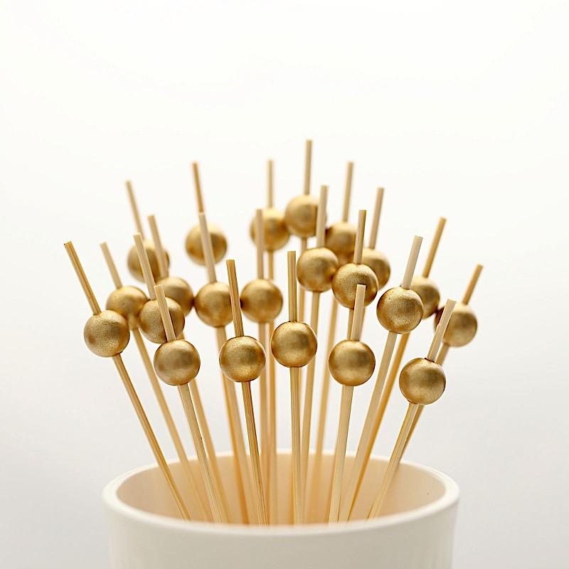 100 pcs 4.5" Natural Bamboo Sustainable Skewers Picks with Gold Pearls - Light Brown DSP_BIRC_P001_GOLD